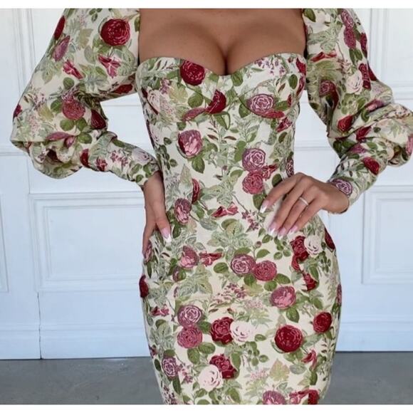 HOUSE OF CB 'Azie' Vintage Floral Jacquard Puff Sleeve Mini Dress NWT XL - Picture 2 of 9